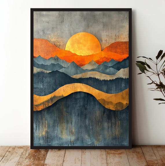 Abstract Sunset Mountain Landscape Art Print Bold Earth Tones And Textured Modern Wall Decor Nature Inspired Art