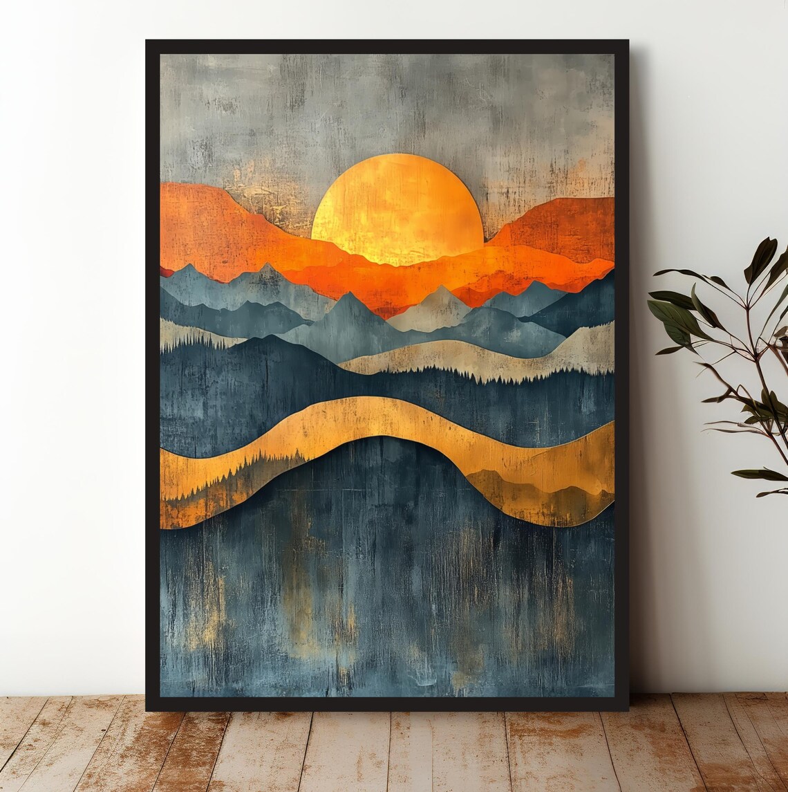 Layered Mountain Sunset Golden Peaks Earth Tones Scene Art Print