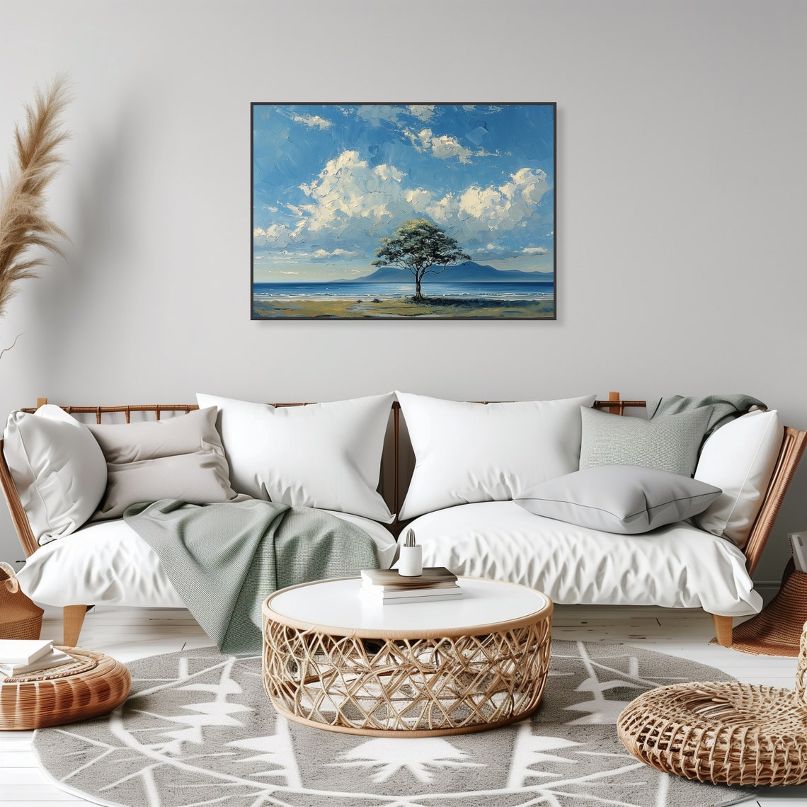 Coastal Tree Ocean Bay White Clouds Serene Landscape Art Poster - Image 2