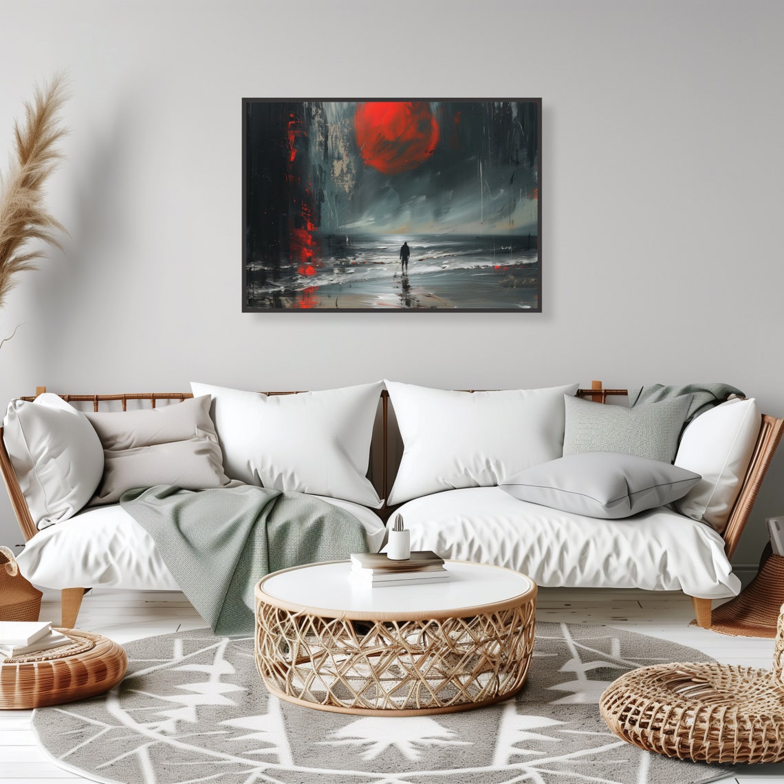 Lone Figure Under Red Moon Grey Beach Scene Design Art Print - Image 2