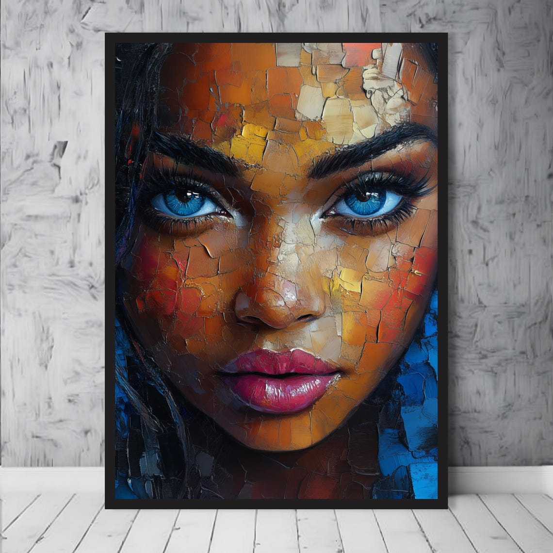 Abstract Woman Portrait With Striking Blue Eyes Cracked Texture Poster - Image 3