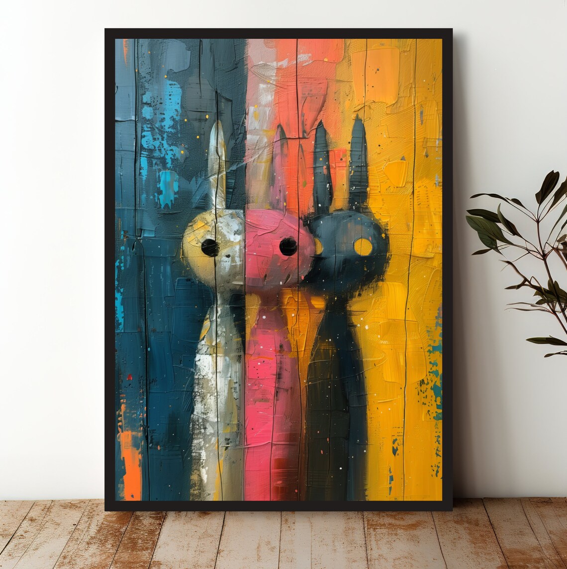 Three Whimsical Bunnies Cute Colorful Quirky Nursery Decor Art Poster