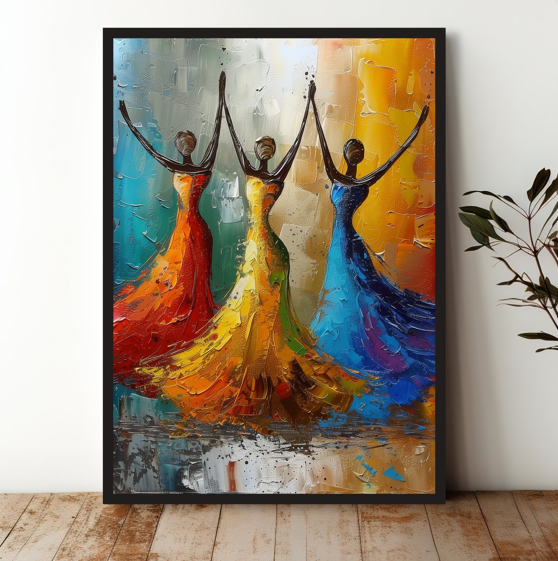 Three Dancing Women Colorful Dresses Abstract Impasto Poster