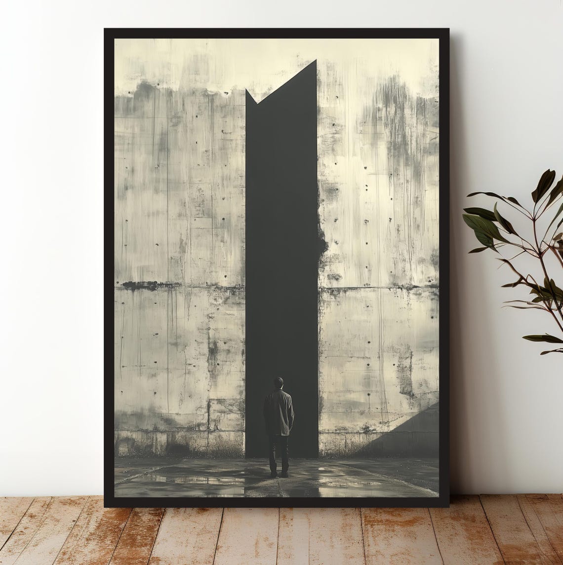 Minimalist Figure Before Giant Black Door Scene Design Art Print