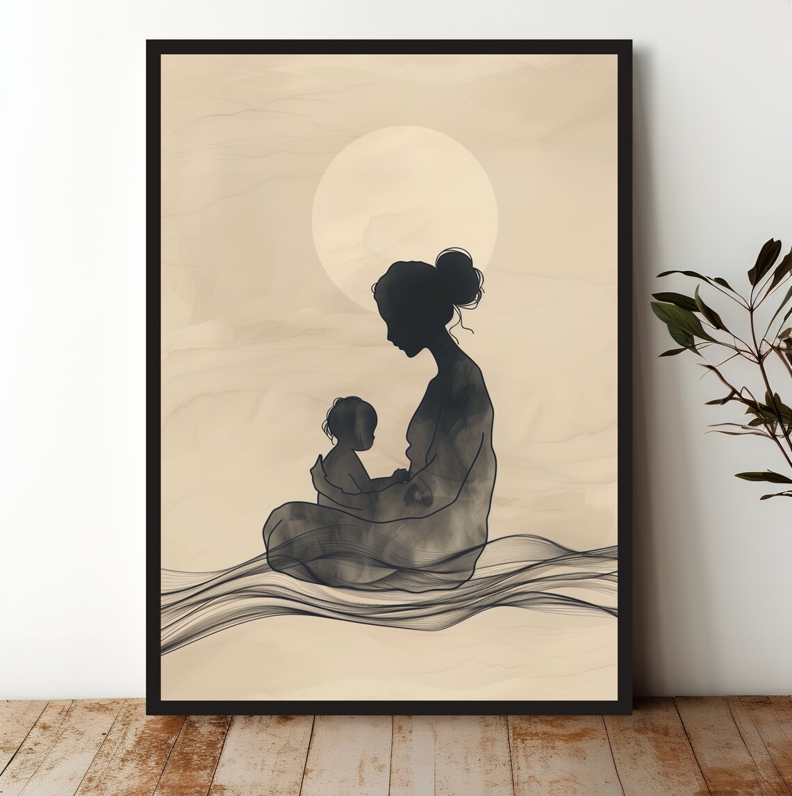 Mother Holding Child Silhouette Moon Watercolor Tender Family Art Poster