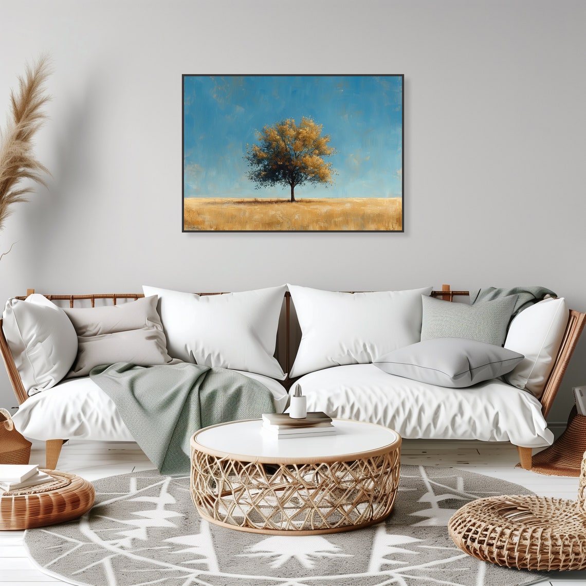 Lone Golden Tree Minimalist Field Blue Sky Landscape Art Poster - Image 2