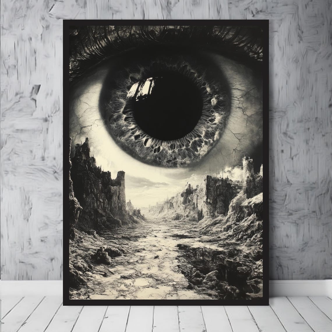 Surreal Monochrome Art Giant All Seeing Eye In Post Apocalyptic Landscape Museum Quality Print Available In Multiple Sizes - Image 3
