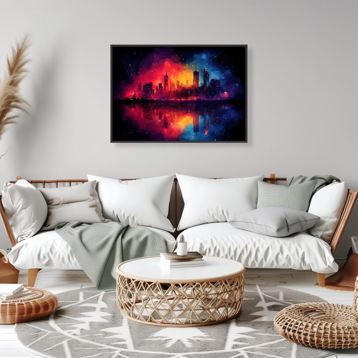 Vibrant Neon City Skyline Night Sky Reflection Scene Art Print - Image 2