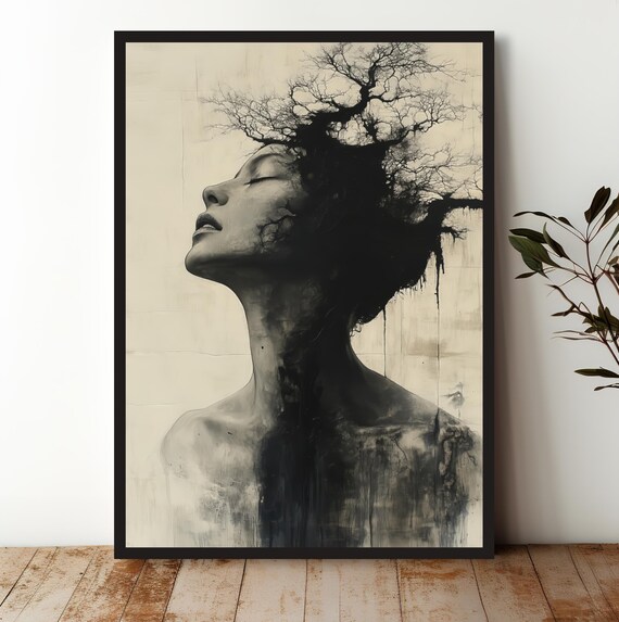 Monochrome Mental Health Awareness Poster Elegant Woman With Tree Roots Art Print Inspirational Wall Decor