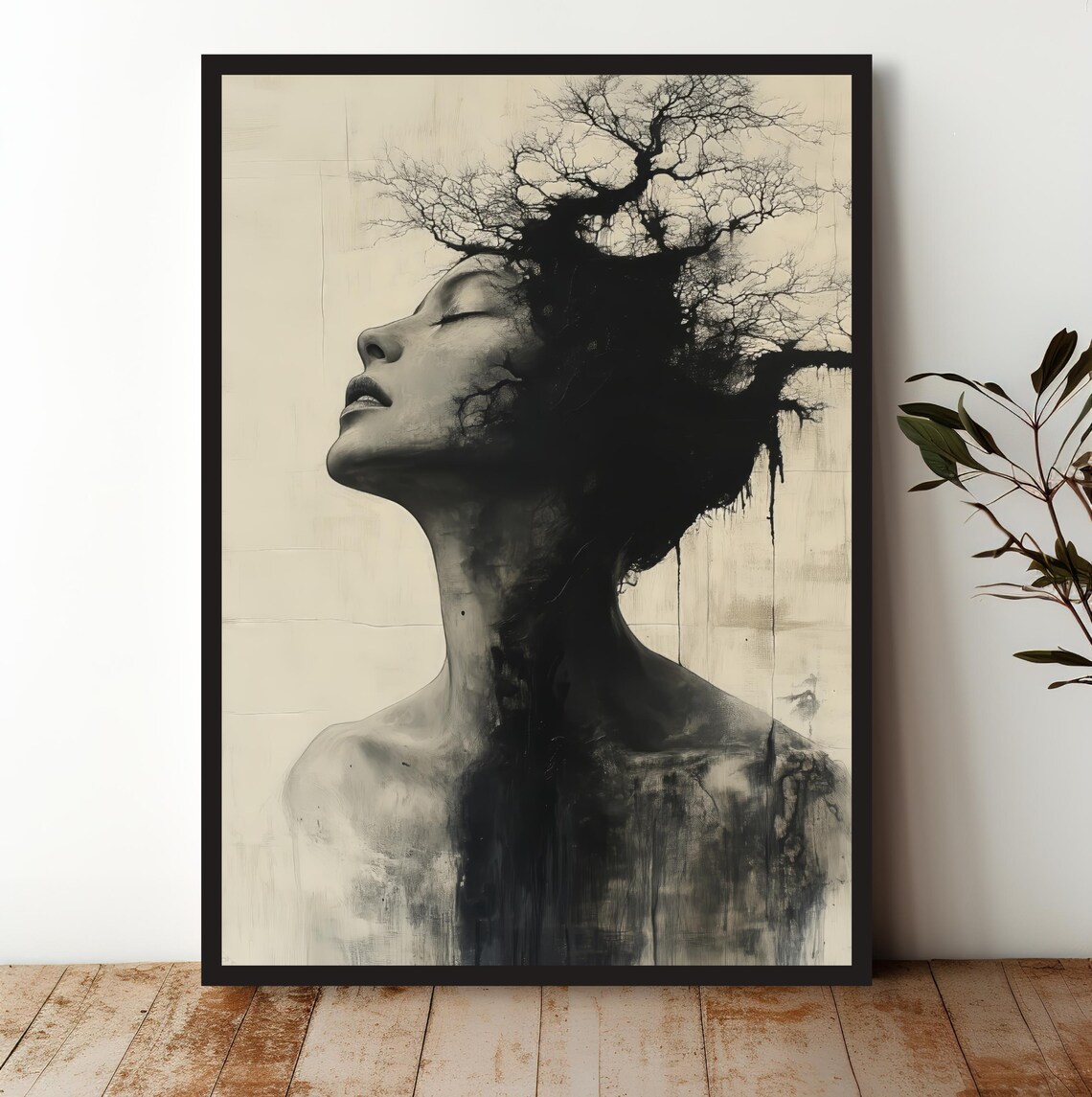 Monochrome Woman Tree of Life Surreal Profile Portrait Art Print