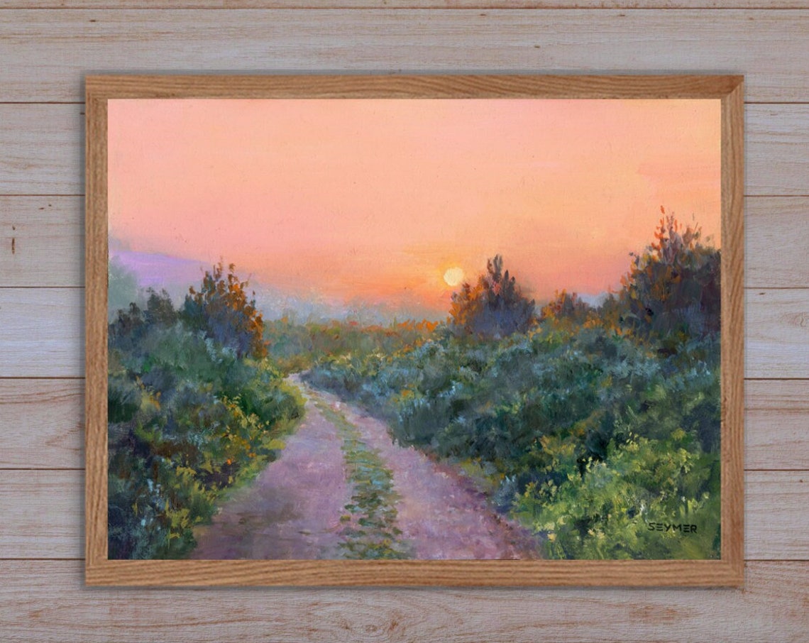 Country Lane Winding toward a Peach-Colored Sunset Sky Poster - Image 6