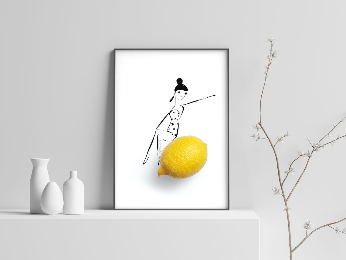 Lemon Girl Polka Dot Swimsuit Fashion Line Art Illustration Poster - Image 3