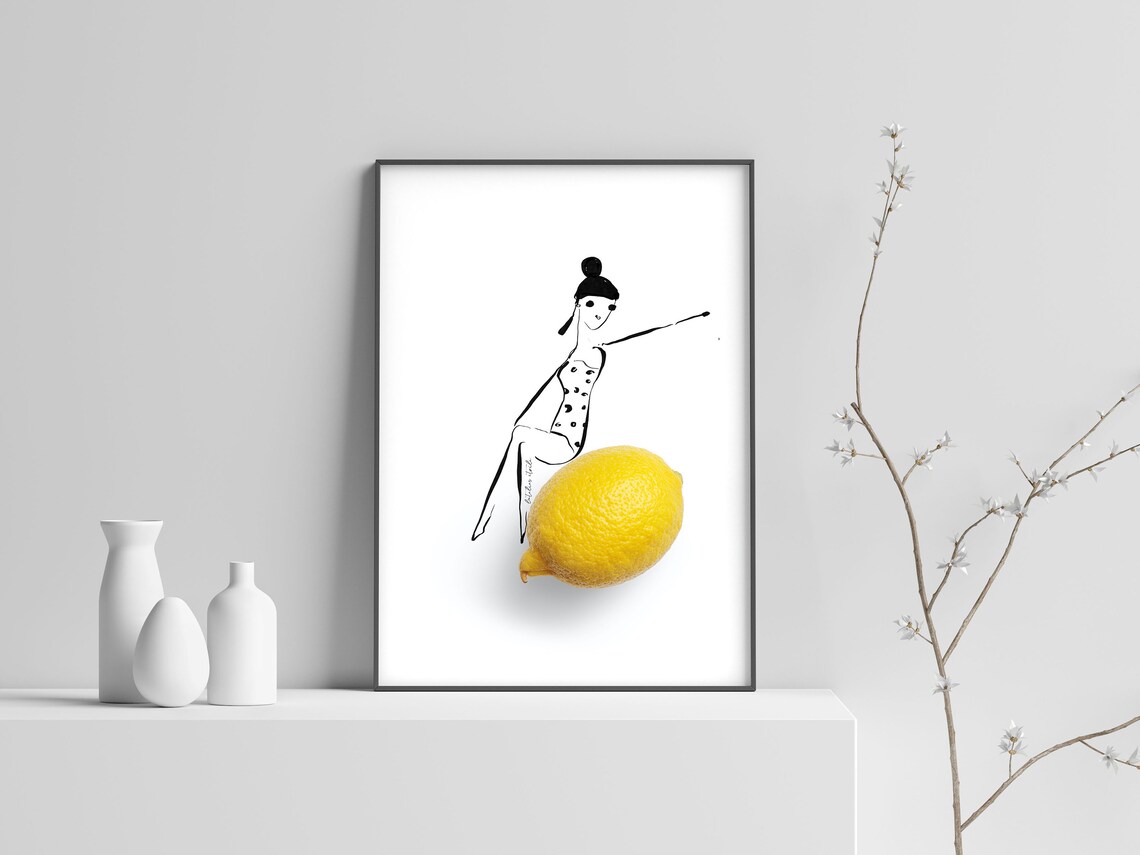 Lemon Print Lemon Poster Whimsical Print Fashion Print Fashion Illustration Food Illustration Real Food Illustration Lemon Art Work - Image 3