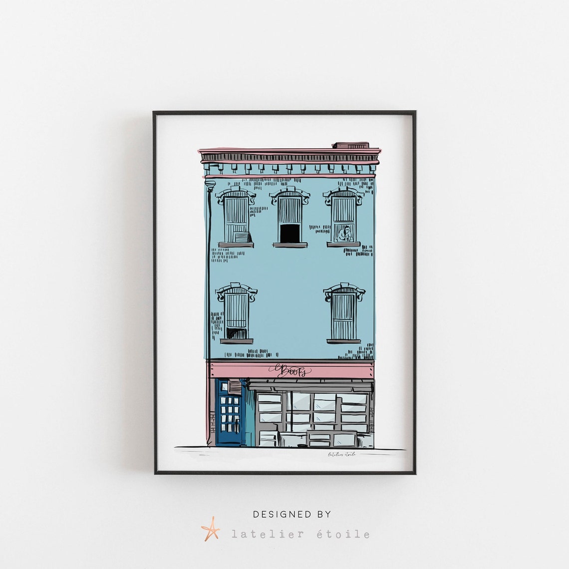 City Bookshop Storefront Hand Illustrated Facade Travel Poster