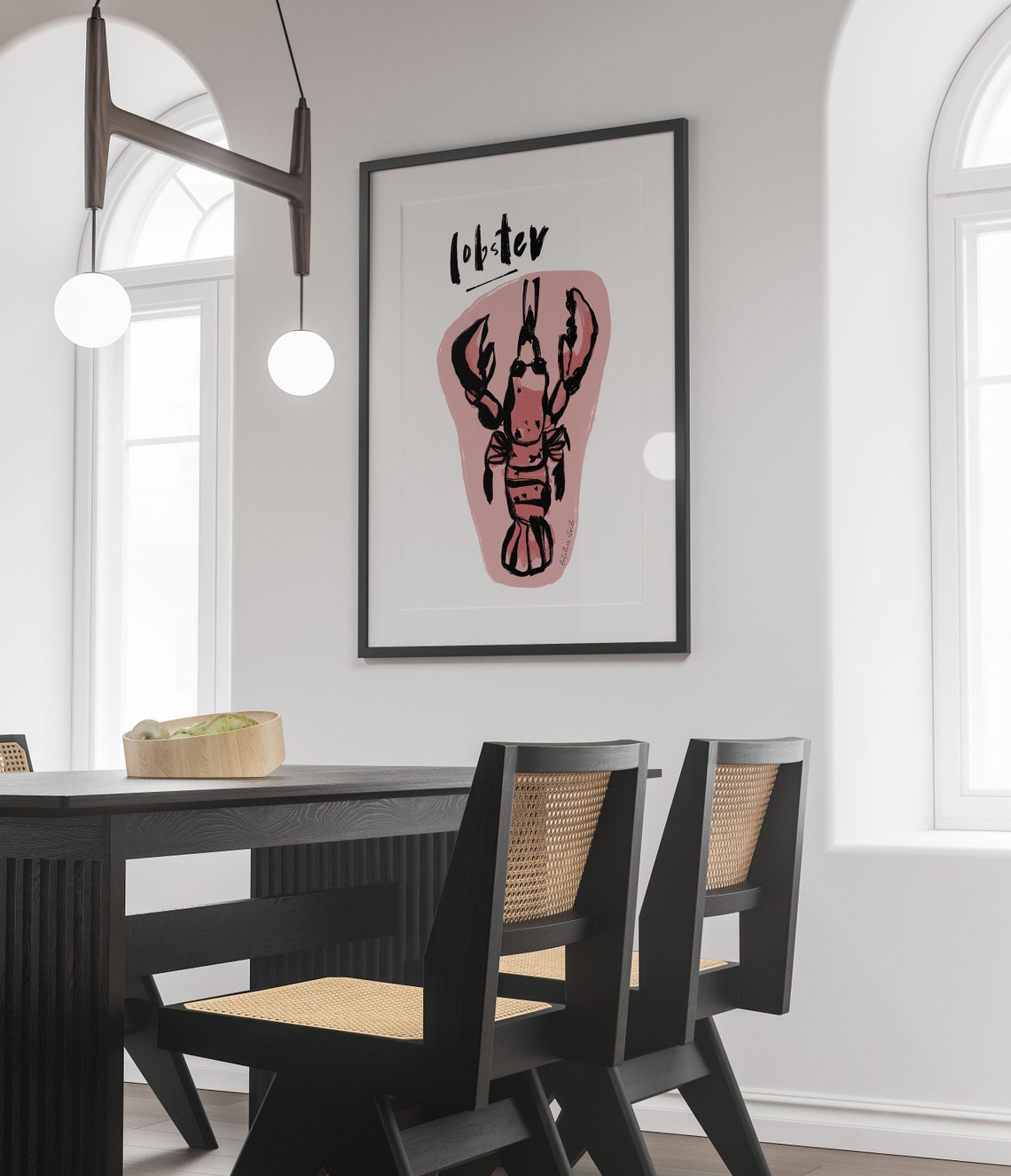 Lobster Illustration Pink Retro Seafood Coastal Kitchen Wall Poster