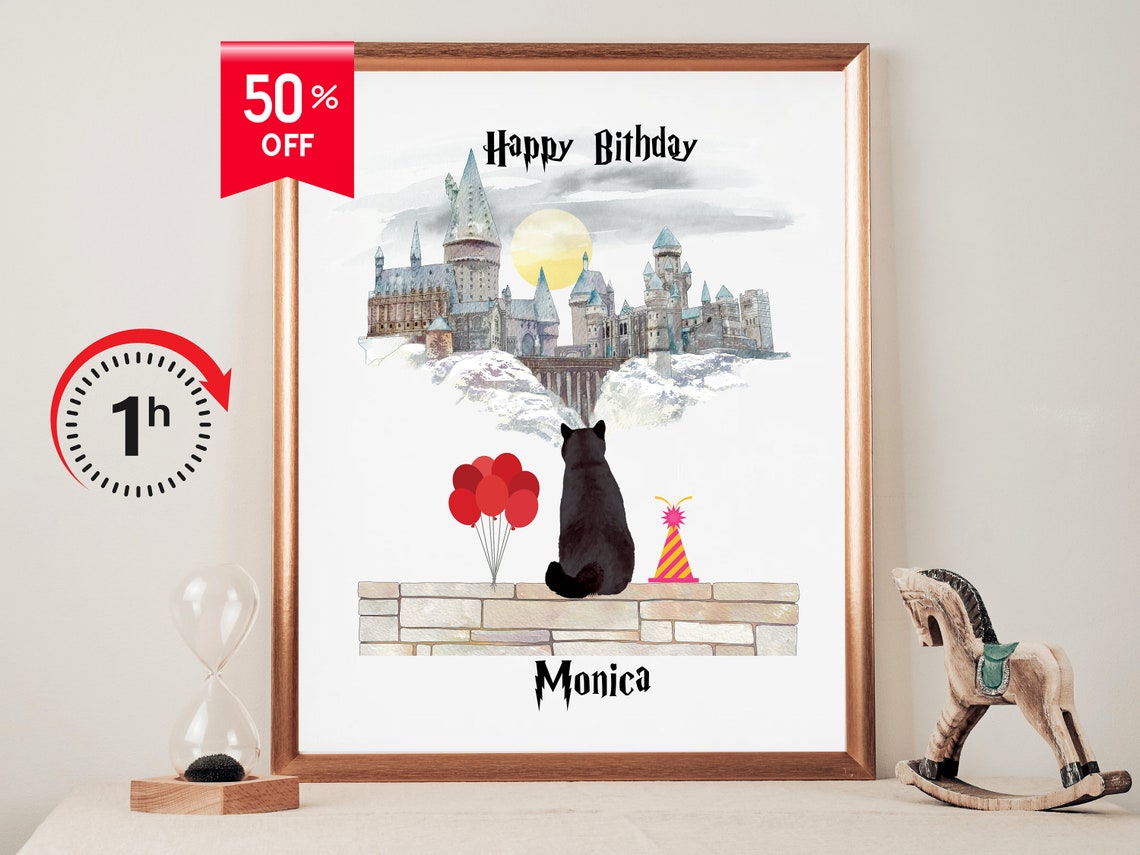 Custom Wizard Black Cat Happy Birthday Snowy Moonlit Castle Print