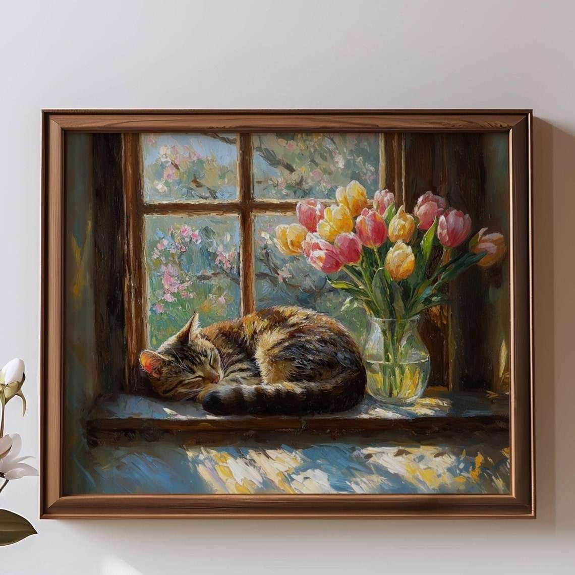 Sleeping Tabby Cat by Sunny Tulip Window Spring Impressionist Poster