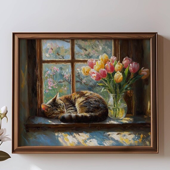 Sleeping Tabby Cat by Sunny Tulip Window Spring Impressionist Poster