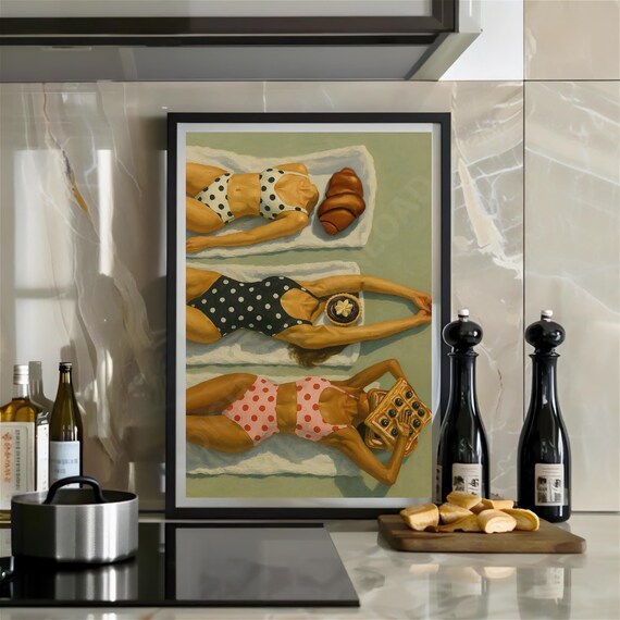 Polka Dot Bikini Sunbathers with Pastry Retro Kitchen Poster