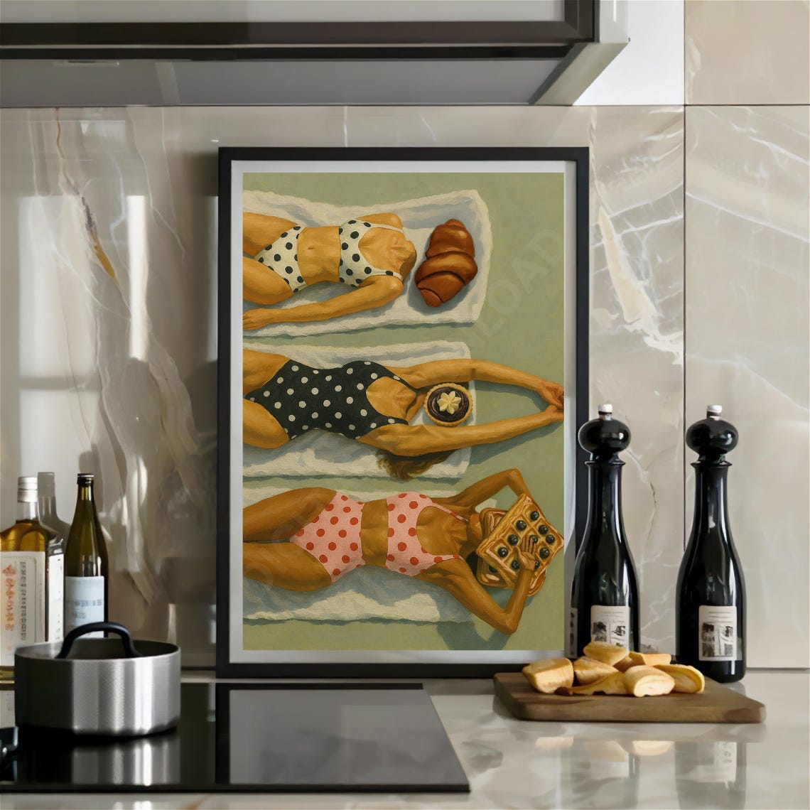 Polka Dot Bikini Sunbathers with Pastry Retro Kitchen Poster