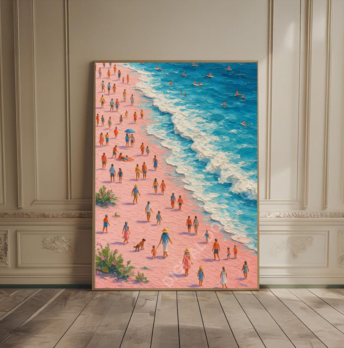 Pink Sand Beach with Swimmers Aerial Ocean Oil Painting Poster