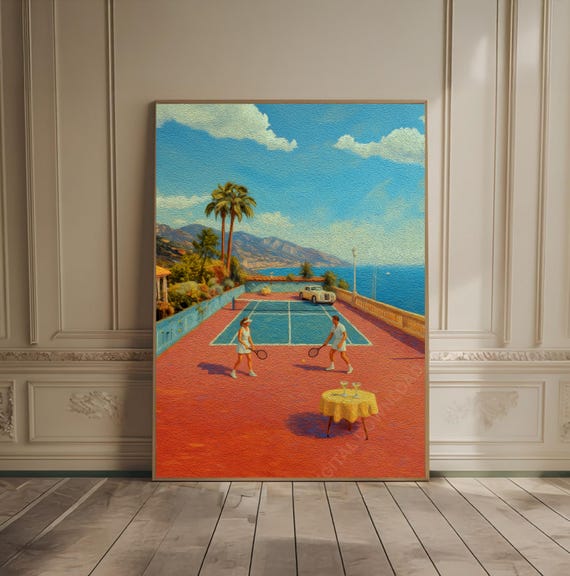 Retro Tennis Court Print Country Club Lover Gift Trendy Art Prints Racquet Green Textured Vintage Sports Car