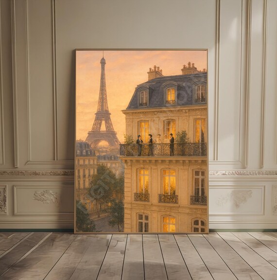 Eiffel Tower at Sunset Paris Rooftops Golden Hour Romantic Art Poster