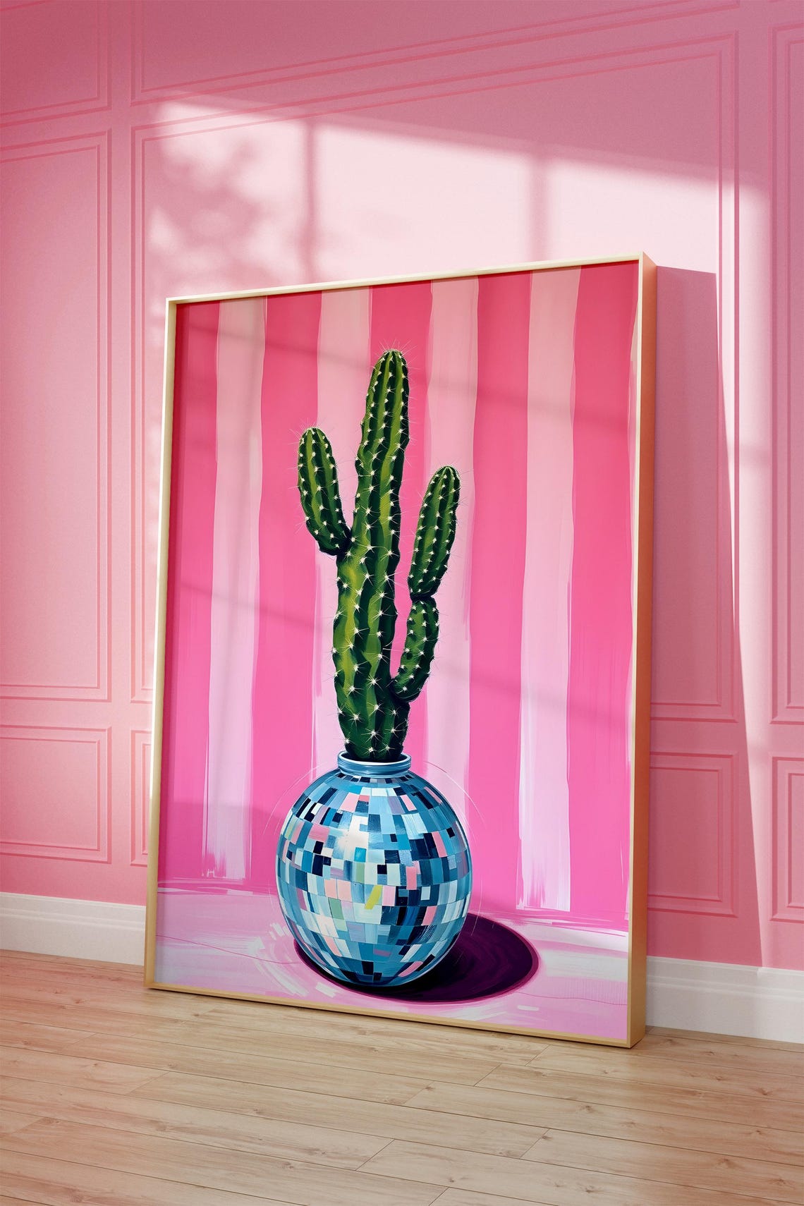 Cactus In A Disco Ball Mosaic Vase Pink Striped Retro Art Poster - Image 4