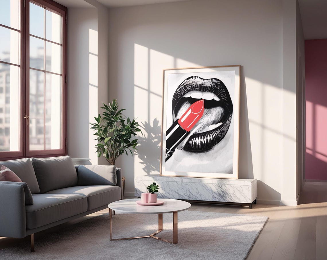 Pop Art Black And White Lips With Red Lipstick Beauty Poster - Image 2