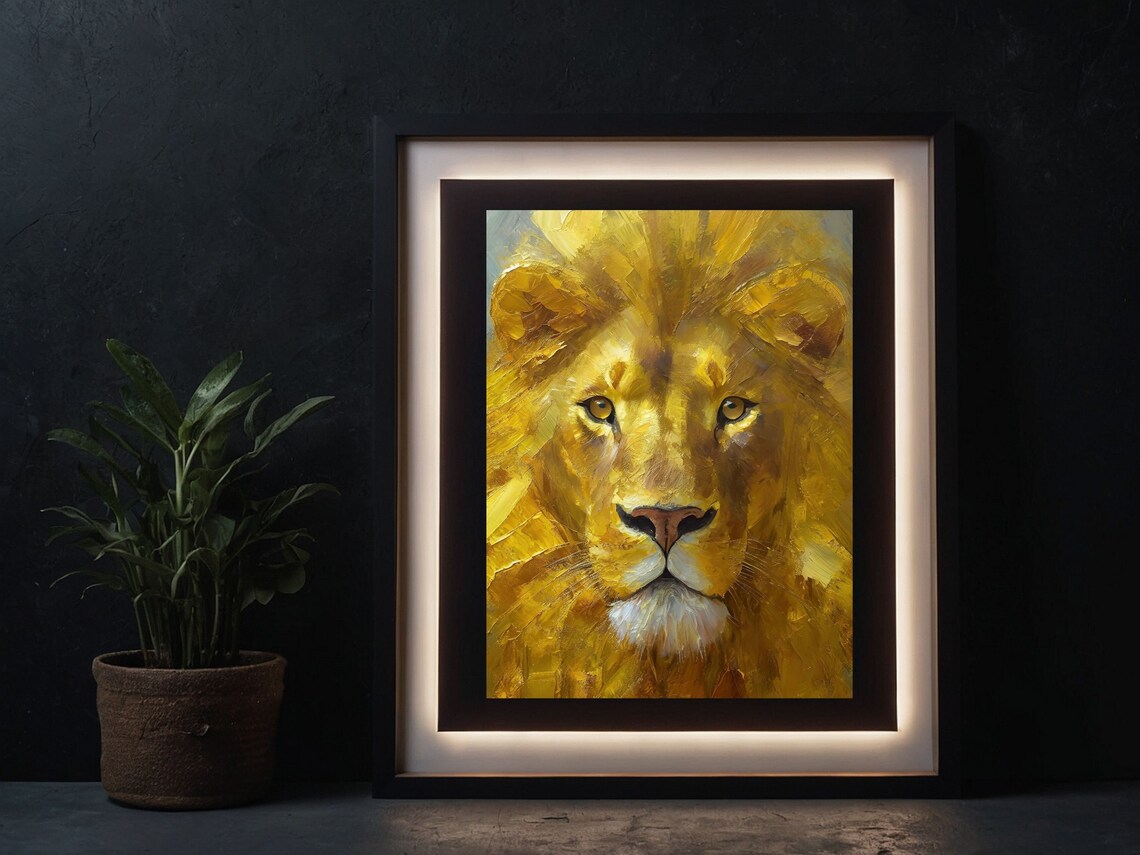 Golden Lion Face Impasto Oil Painting Vibrant Modern Wildlife Art Poster - Image 2