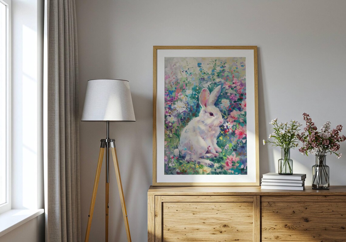 White Bunny In Spring Flower Garden Pastel Impressionist Animal Poster - Image 3