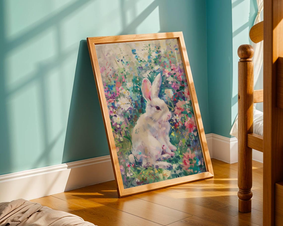 White Bunny In Spring Flower Garden Pastel Impressionist Animal Poster - Image 4