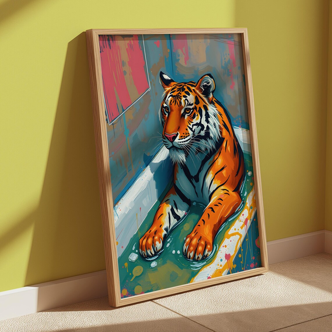 Playful Tiger Lounging In A Bathtub Abstract Colorful Art Poster - Image 2