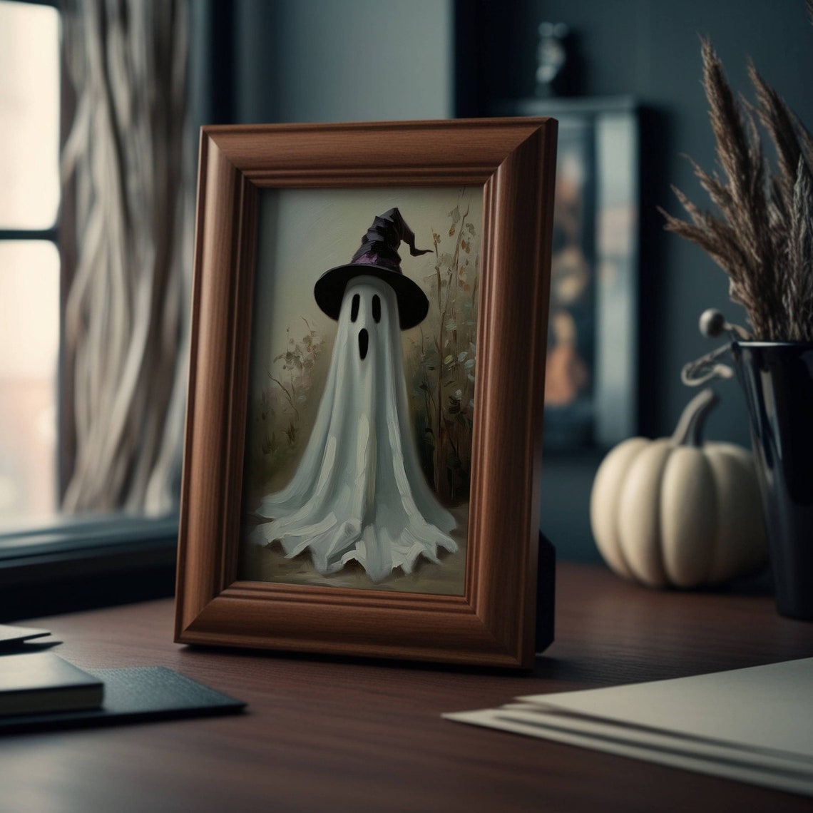 Vintage Ghost Wearing A Witch Hat Cute Painterly Halloween Poster - Image 4
