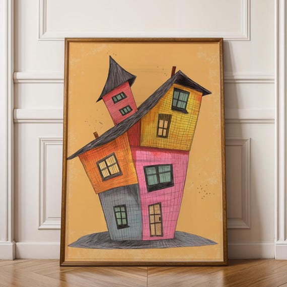 Naive Art Crooked House Print Whimsical Stacked Building Colorful Folk Illustration Funky Nursery Wall Decor