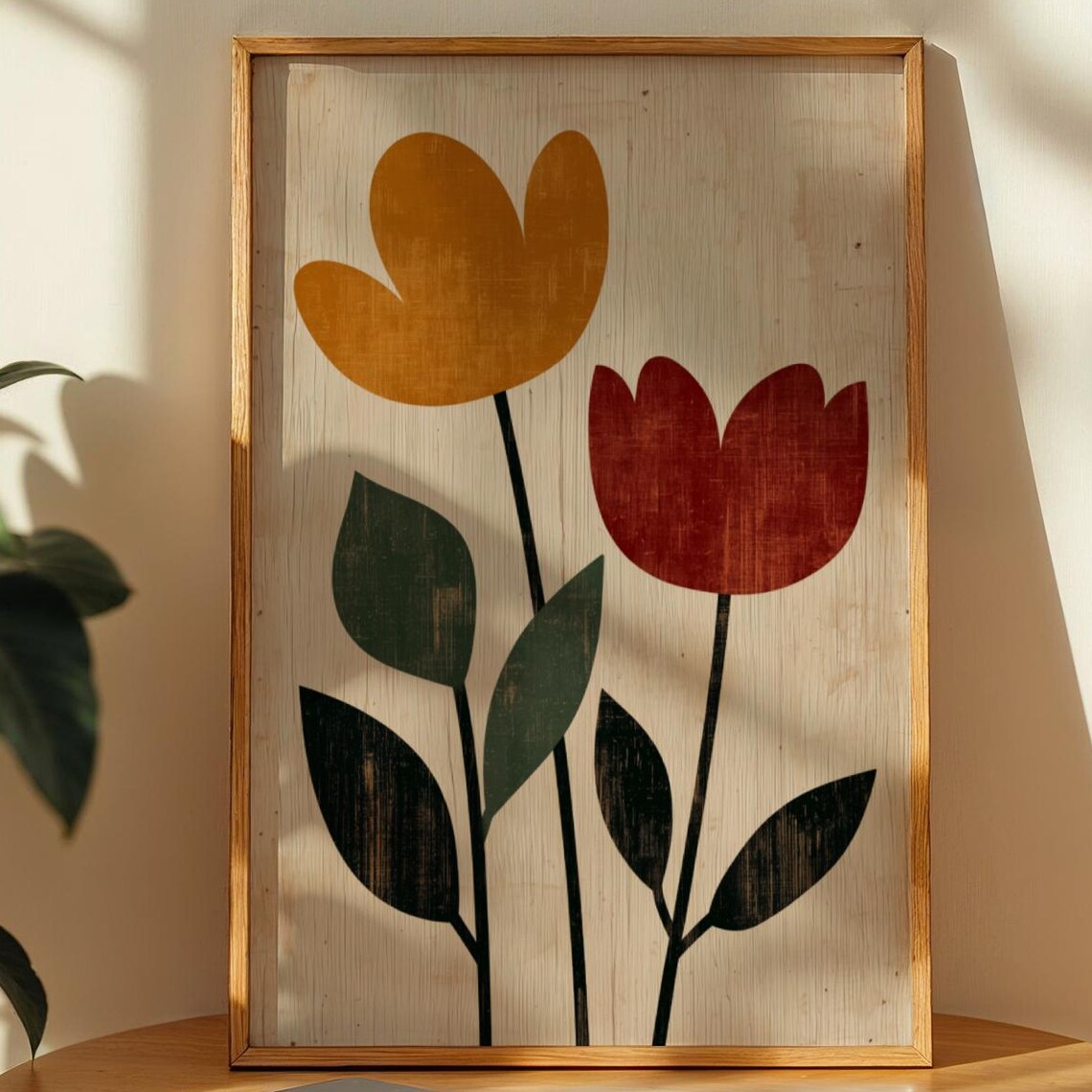 Mustard and Red Tulip Folk Art Print Scandinavian Botanical Style