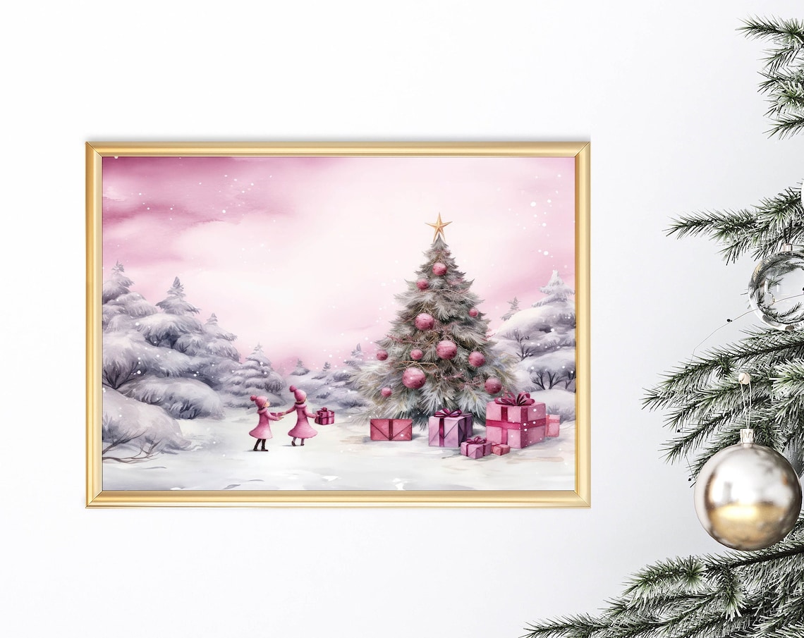 Pink Christmas Girls Gift Exchange Snowy Forest Holiday Poster