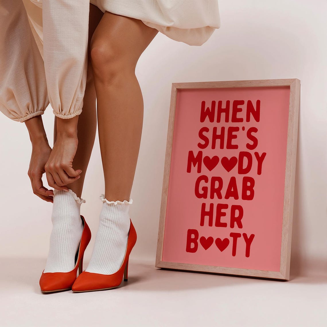 When Shes Moody Grab Her Booty Poster Funny Typography Print Cute Heart Art Dopamine Wall Red Pink