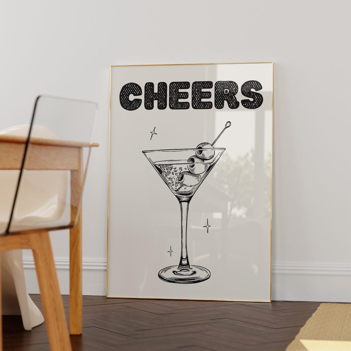 Cheers Retro Martini Glass Cocktail Black White Bar Cart Poster