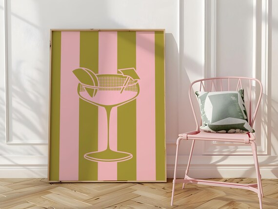 Striped Pink Green Retro Cocktail Coupe Bar Cart Drink Art Poster