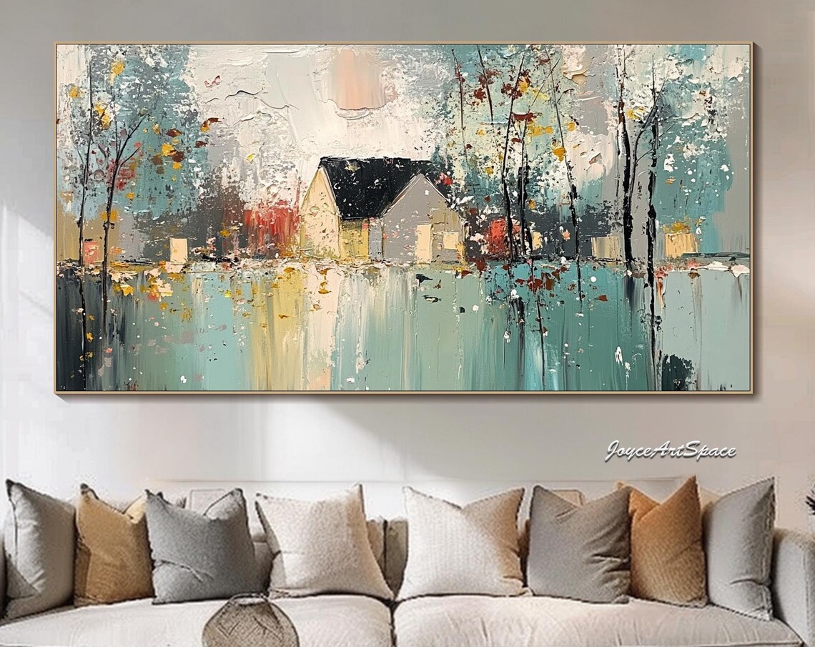 Cottage By Teal Water Abstract Textured 3D Lakeside Art Poster