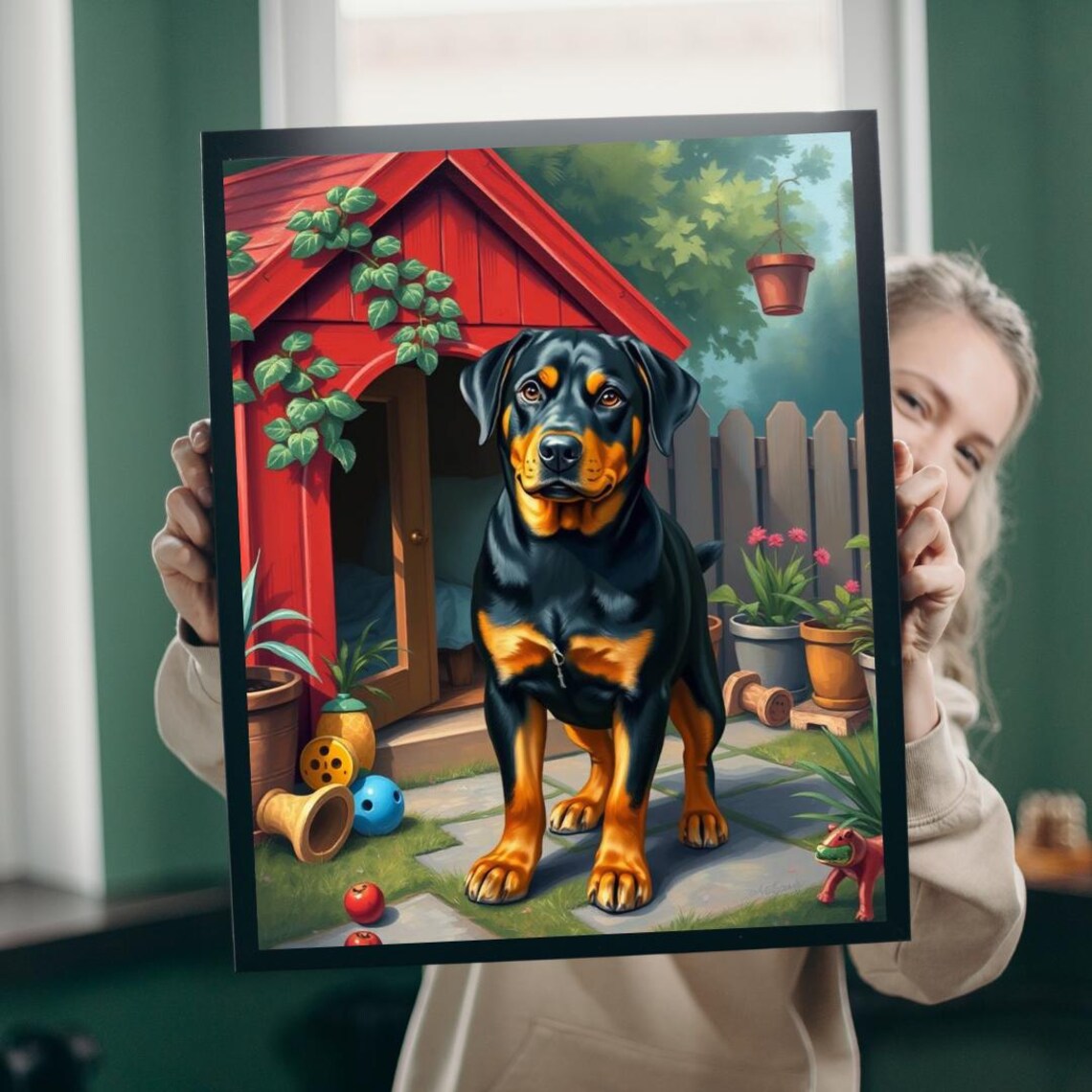 Rottweiler at Red Doghouse Vibrant Backyard Puppy Portrait Poster