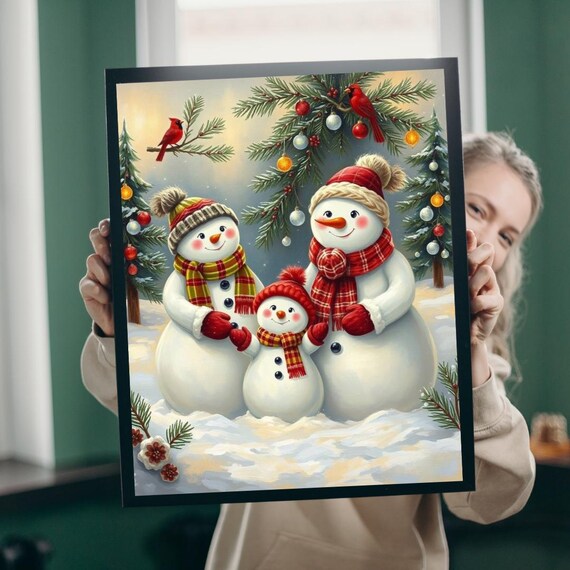 Snowman Family Winter Cardinals Festive Snowy Christmas Poster