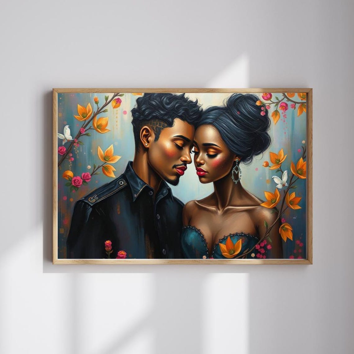 Romantic Black Couple Embrace Among Blooming Flowers Art Print