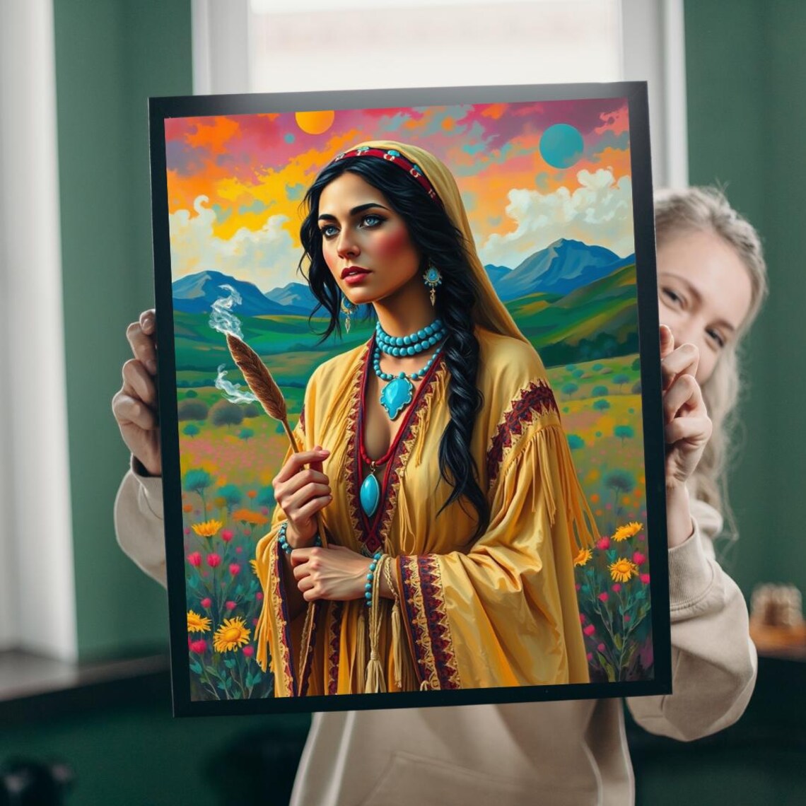 Turquoise Jewelry Woman Smudge Stick Colorful Portrait Art Poster