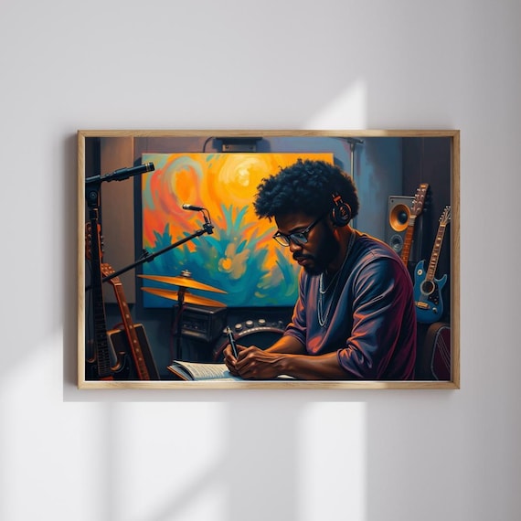 Music Producer Writing Songs in Home Studio Colorful Art Poster