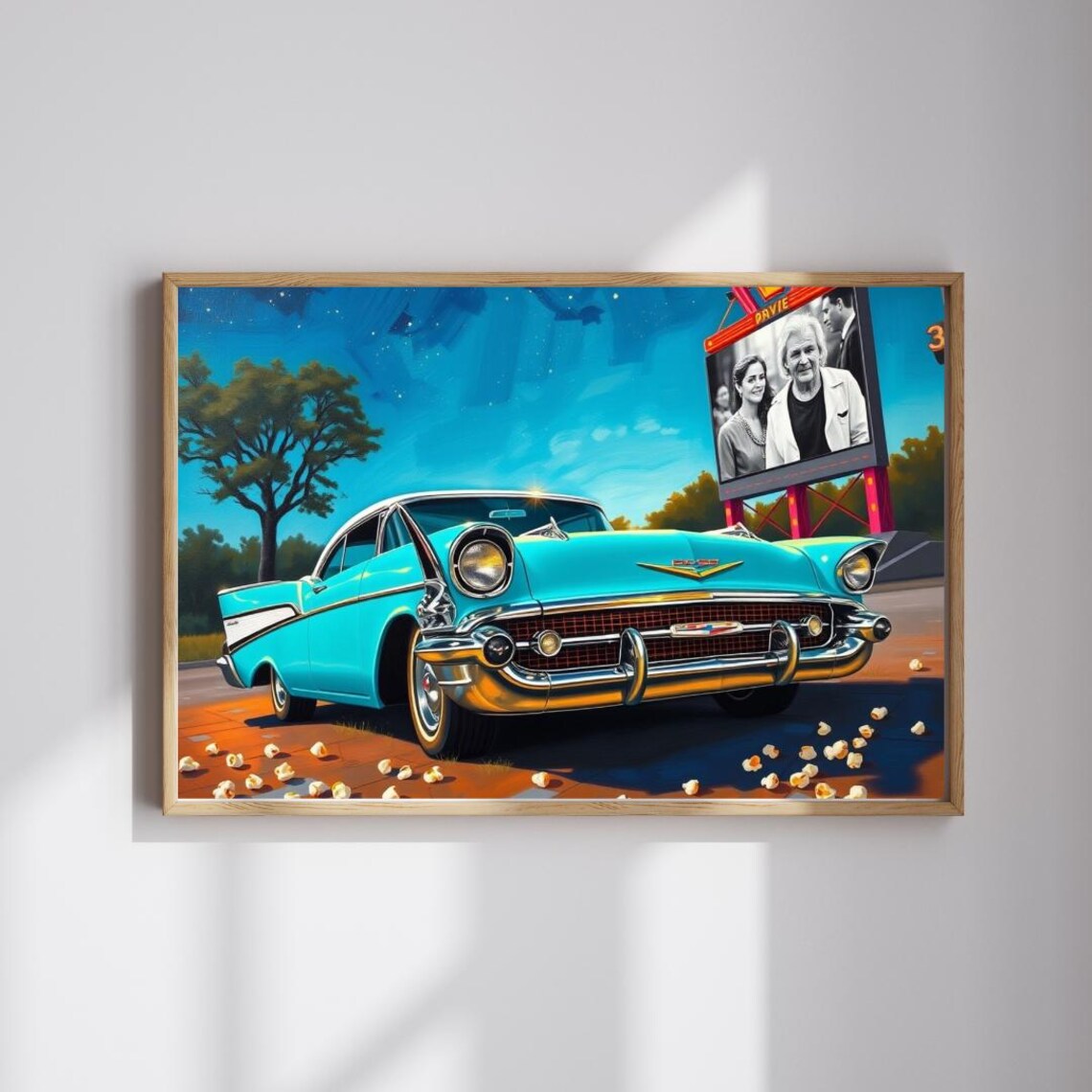 Turquoise 1957 Chevrolet Bel Air at Drive-In Movie Theater Poster