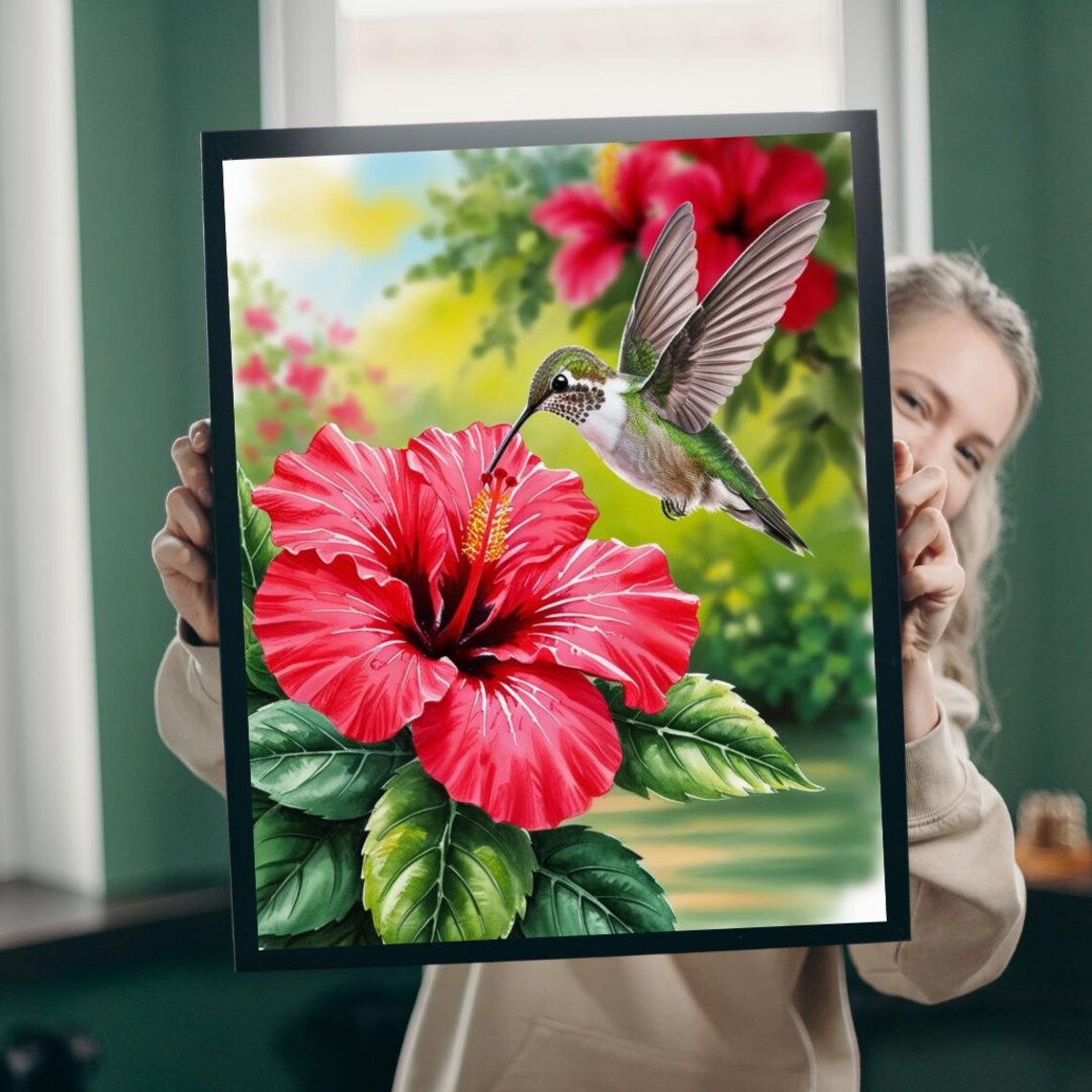 Hummingbird and Red Hibiscus Flower Vibrant Nature Painting Wall Art