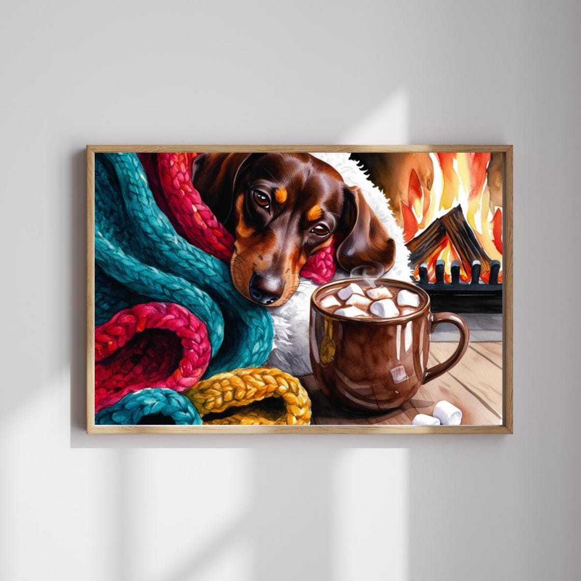 Dachshund By Fireplace With Hot Cocoa Cozy Holiday Art Poster
