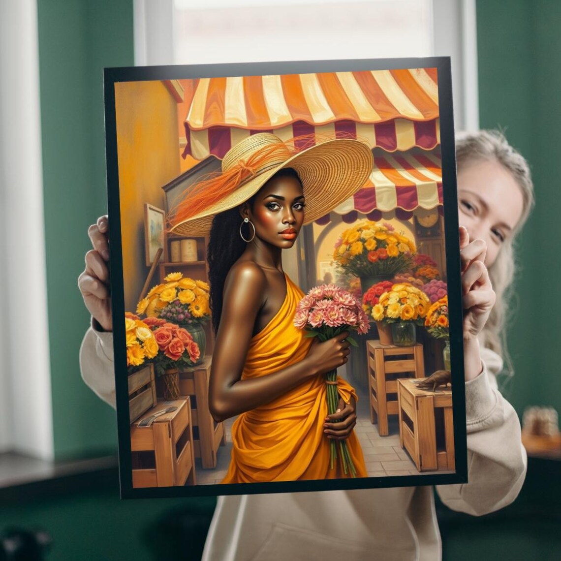 Elegant Flower Market Woman Yellow Dress Straw Hat Art Poster